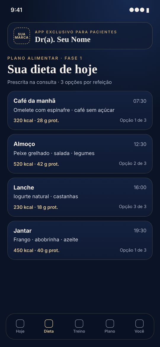 Tela do plano alimentar no app, com refeições e metas