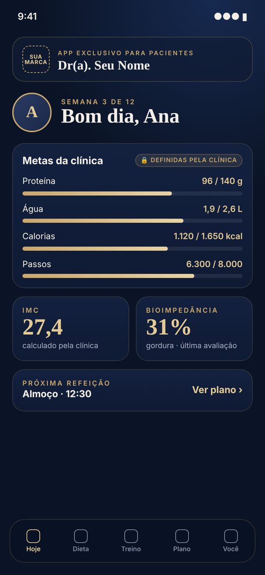 Tela inicial do app com a marca do médico, metas da clínica, IMC e bioimpedância